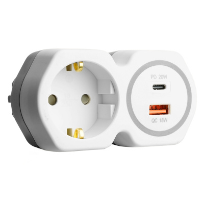 Разветвитель на 1 выход с/з 250В, 16А, USB A+ Type C, 2,4А, PD, белый/серый, ADP16-16-20