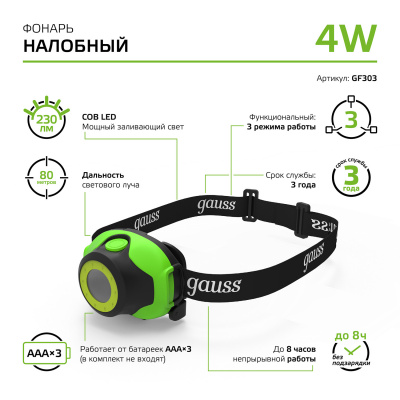 Фонарь налобный Gauss модель GFL303 4W 230lm 3xAAA LED 1/12/60