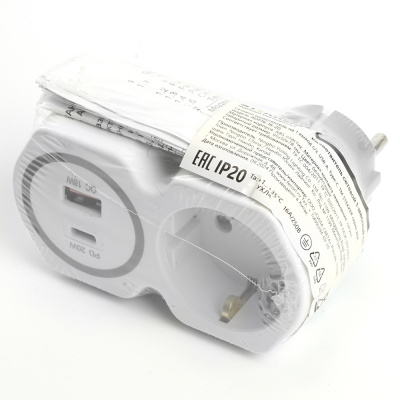 Разветвитель на 1 выход с/з 250В, 16А, USB A+ Type C, 2,4А, PD, белый/серый, ADP16-16-20