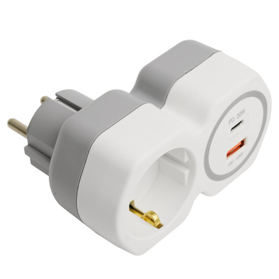 Разветвитель на 1 выход с/з 250В, 16А, USB A+ Type C, 2,4А, PD, белый/серый, ADP16-16-20